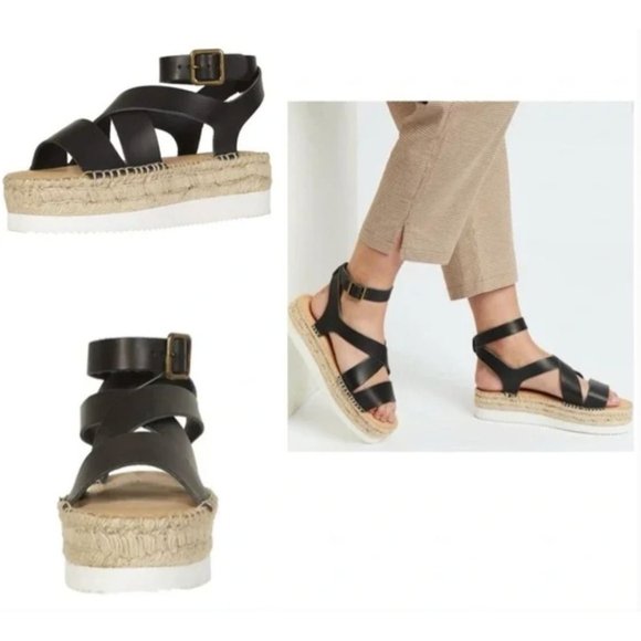 Soludos Olympia Espadrille Platform Leather Sandal In Black NIB - Picture 6 of 7